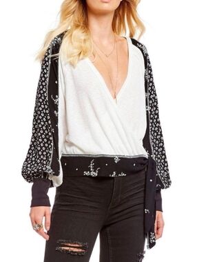 Free People Black & Cream Floral-Trim Waffle Knit Top